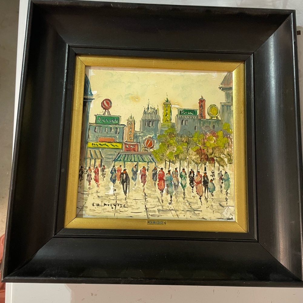 Original Charles Nicoise oil paint Cityscape with Black Frame